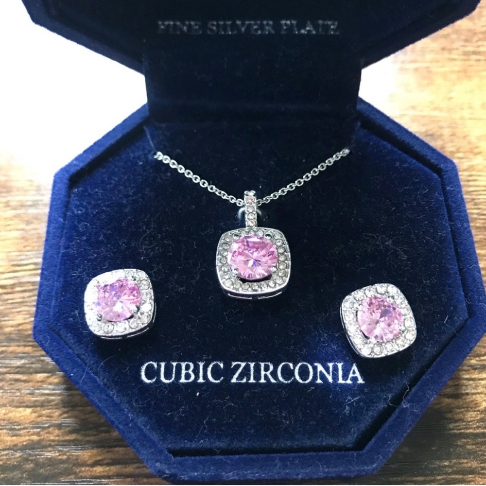 Cubic Zirconia Pink Halo Necklace & Earrings Set